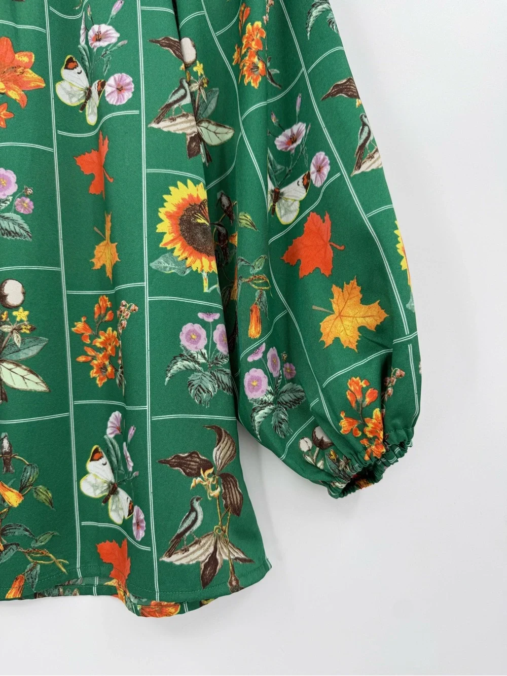 Loft Emerald Botanical Nature Fall Sunflower Insect Puff Sleeve Satin Blouse XS